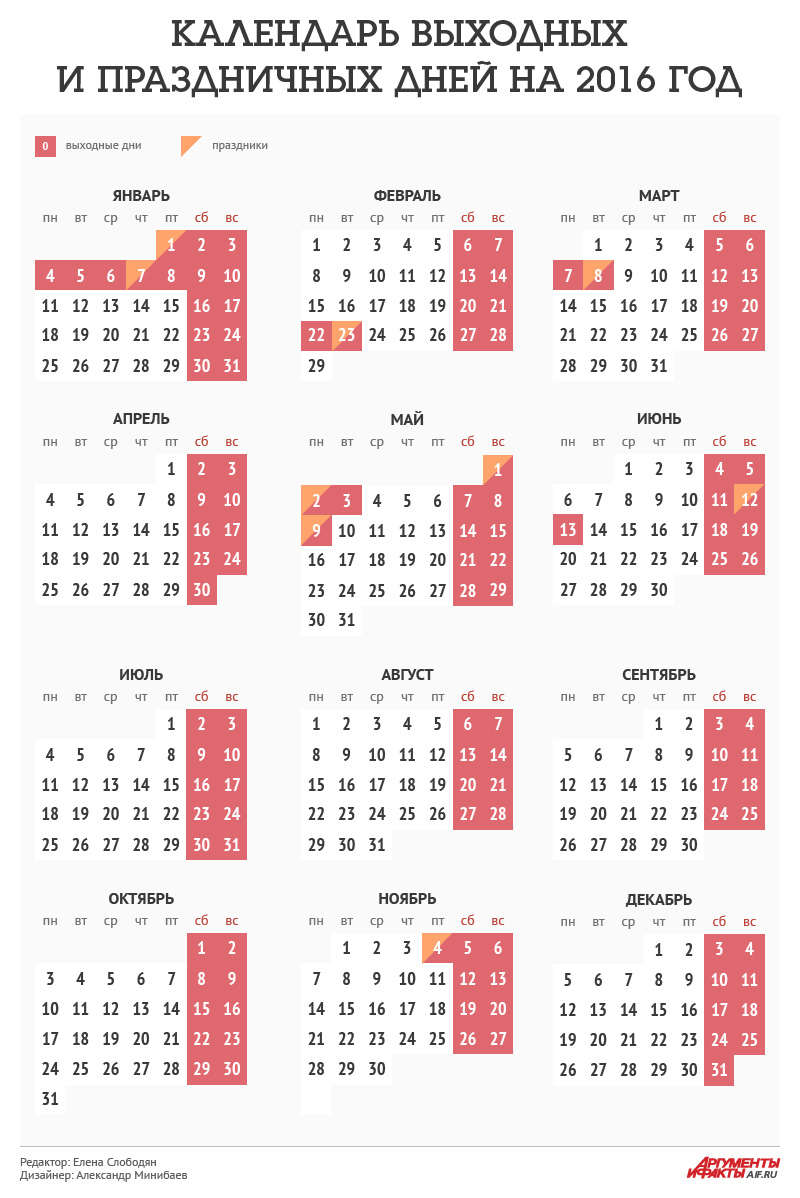 Календарь выходных и праздничных дней 2016