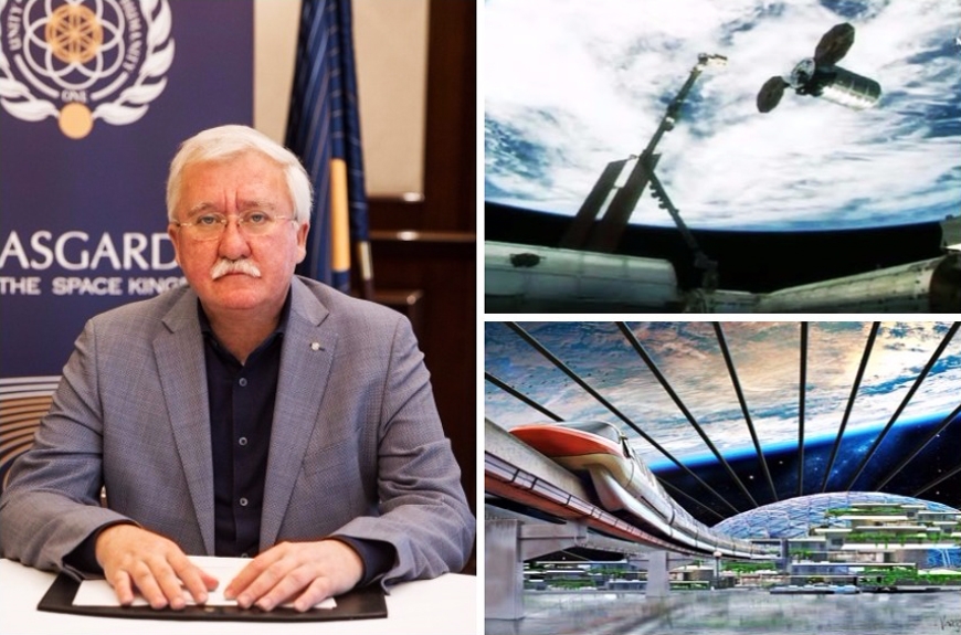 Слева: Глава первого космического государства Асгардия Игорь Ашурбейли. Справа: скриншот трансляции НАСА ТВ и визуализация Асгардии