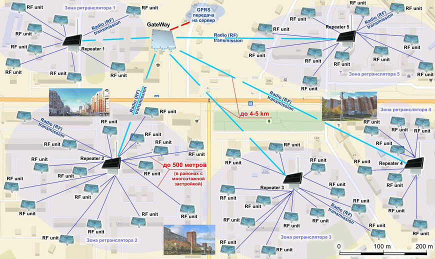 Пример карты района одного из городов для иллюстрации мест установки и зон охвата радиосигнала концентратора и ретрансляторов